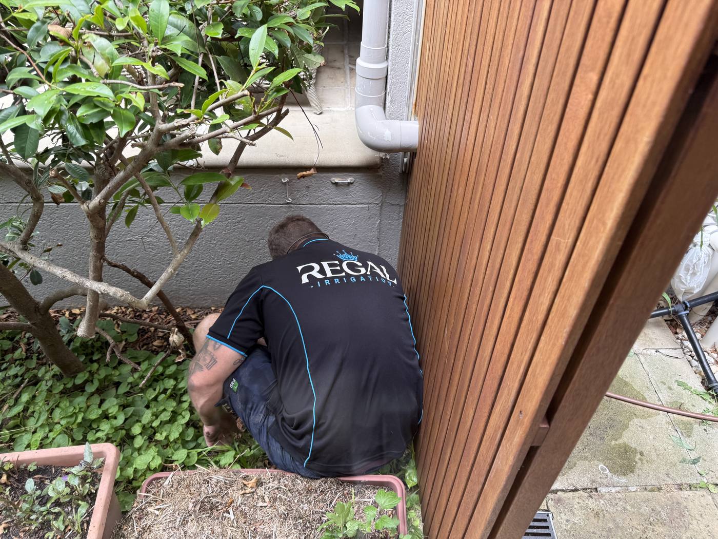 Crouched fitting irrigation beside a timber fence, branded polo